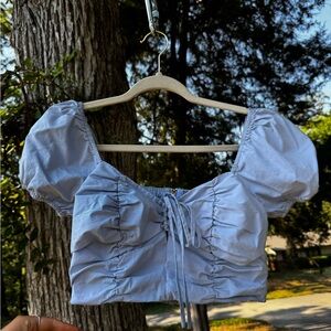Forever 21 Sky Blue Ruched Puff Sleeve Top